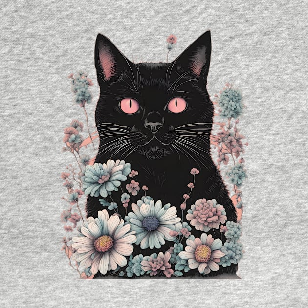 gothic Aesthetic Black Cat with flowers by CAFFEIN